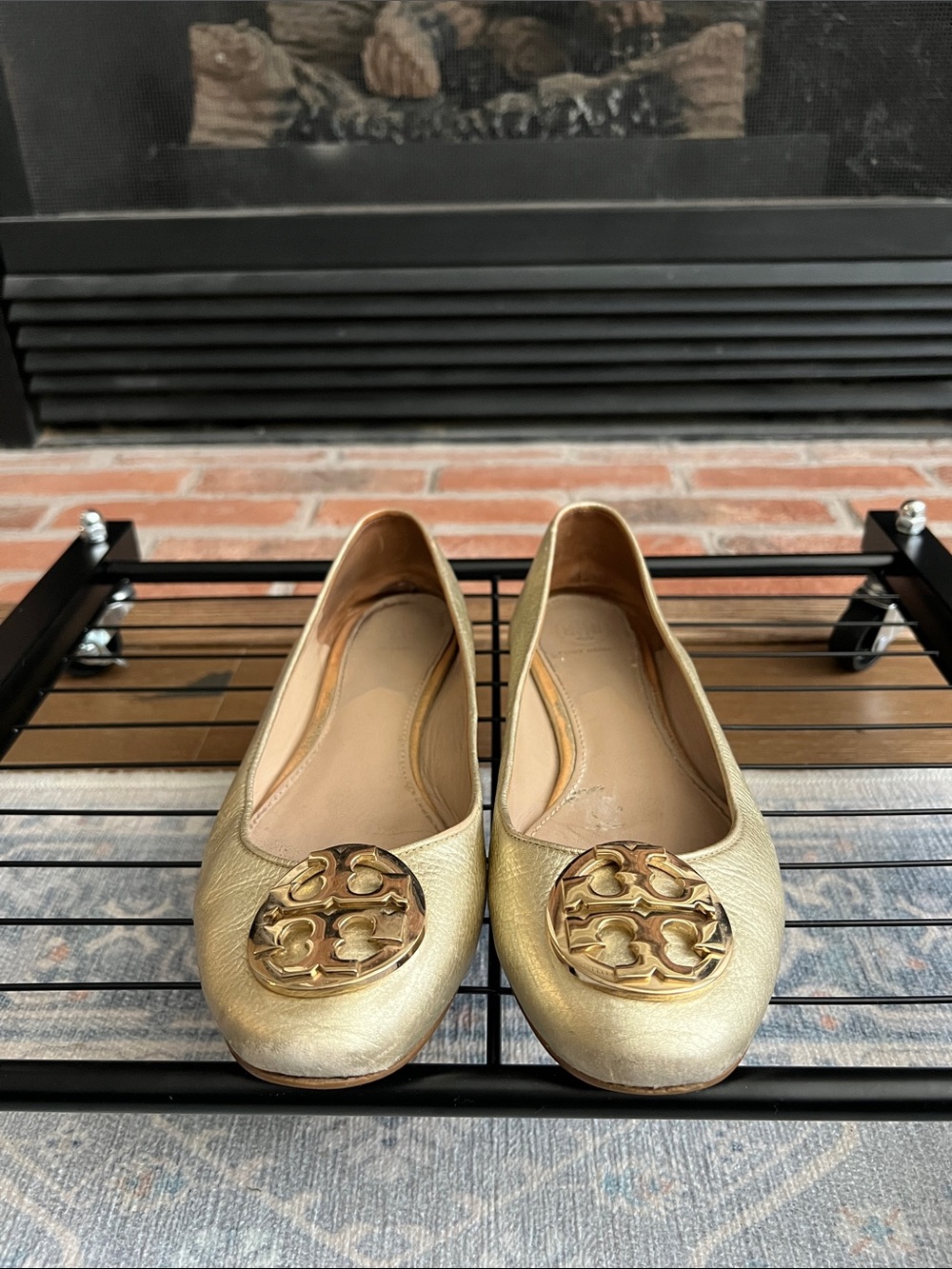 Tory Burch Metallic Gold Logo Round-Toe Ballet Flats